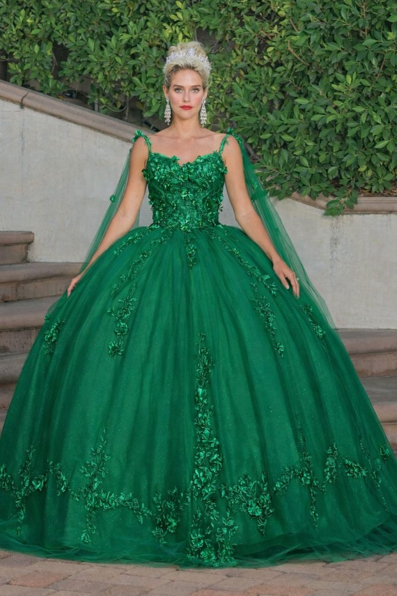 Verde Esmeralda con Flores 3D y Capas - Mia & Andy Boutique